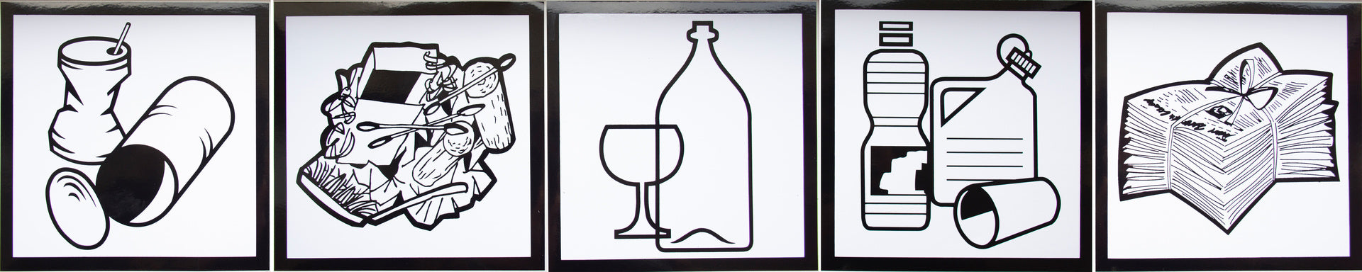 Set of 5 self-adhesive stickers with symbols for: glass. paper. plastic. metal. residual waste