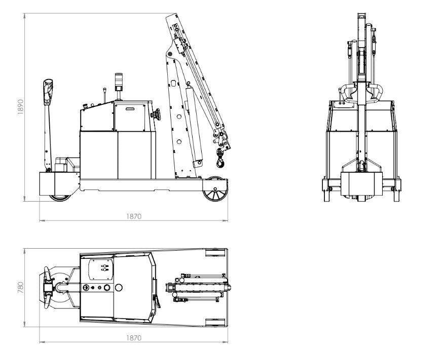 DRAWING 1 TON BATTERY POWERED CRANE FLEX F1000DBR RIGID ARM WITH DOUBLE BOOM