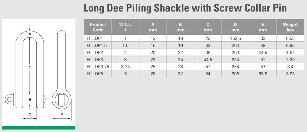 Long Dee Piling Shackle with Screw Collar Pin